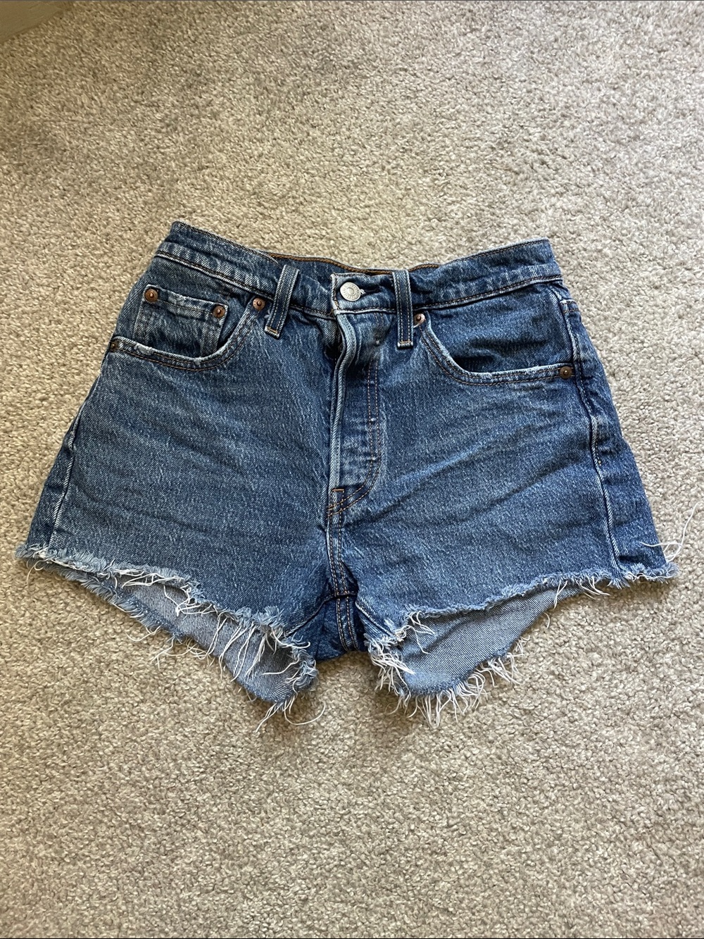 Levi's Medium Blue Frayed Hem High-Rise Denim Shorts